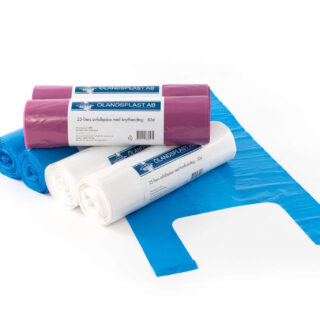 Avfallspåsar 25-lit, handt. Paket 6 x 50 st blå vit lila*